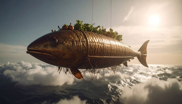 Surreal flying fish airship with greenery above clouds at sunset, fantasy eco travel concept illustration