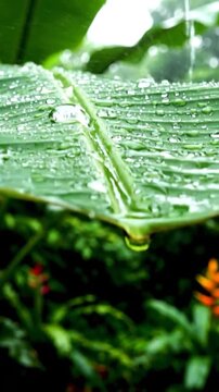 Water drops falling on green leaf