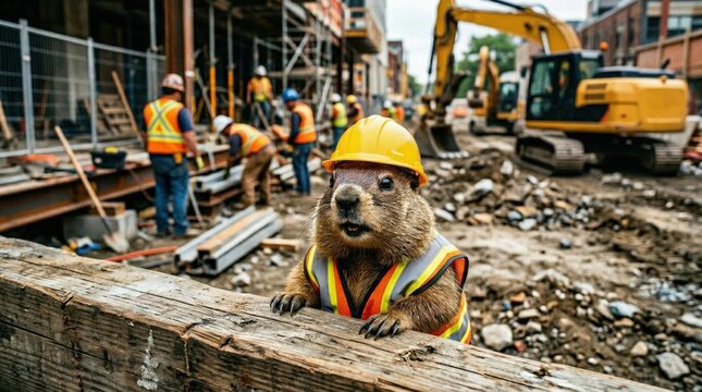 Funny groundhog wearing hard hat and safety vest at busy construction site, heavy machinery and workers in background, humorous animal in human role concept, urban development scene