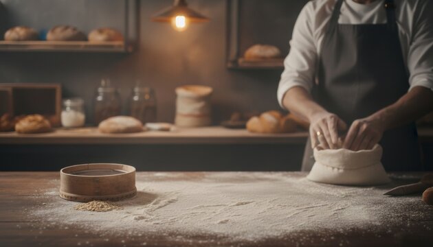 A baker hands knead dough on a flour-dusted wooden table in a cozy, rustic kitchen with bread. Generative AI.