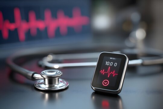 High resolution close up of a smart stethoscope displaying heart rate data on a small digital screen