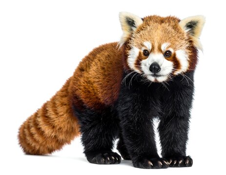 A red panda with fluffy fur, facing forward against a white background and holding a steady gaze