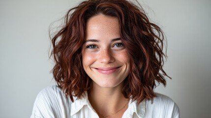 A cheerful young woman with vibrant red curls and a warm smile, radiates positivity and joy, embodying confidence and a sense of individuality in a simple and elegant setting.