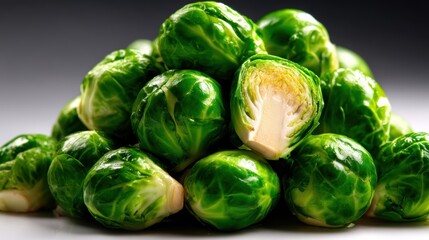 A vibrant pile of fresh Brussels sprouts captures the essence of healthy eating, showcasing their lush green color and natural texture, an ideal image for food and health enthusiasts.