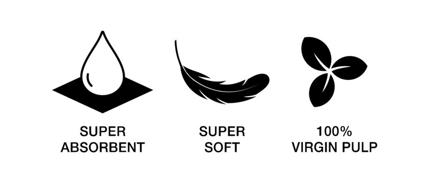 Super absorbent, super soft, 100 percent virgin pulp icon vector set illustration.