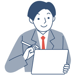 タブレットを使って勉強をする男子学生の上半身