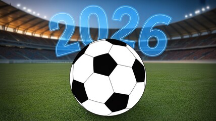 Obraz premium Vibrant bold red blue graphic template for 2026 Football World Cup social media campaigns fan posters and event promotional materials with dynamic typography and energetic color scheme