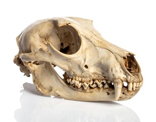 Animal skull displays intricate bone structure, showcasing texture and eye sockets on a bright, reflective surface