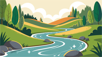 Obraz premium Stylized landscape with winding river, rolling hills, and trees