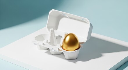 A Single Golden Egg Resting in a White Cardboard Carton on a Table