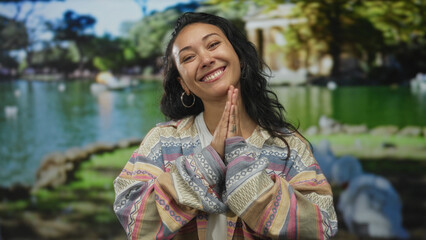 Young woman hispanic with hands on cheeks and open mouth clapping in park by a green pond, wearing patterned jacket and hoop earrings  joy. © Krakenimages.com