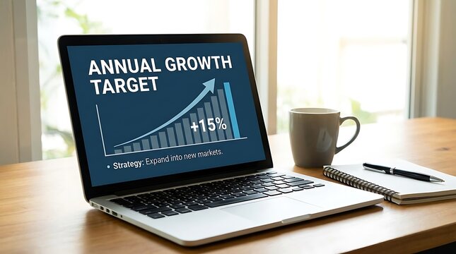Laptop displaying annual growth target chart with upward trend and percentage increase.