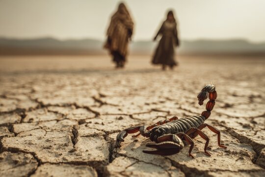 Close-up of dark desert scorpion on cracked earth, with Hagar and her son walking in distant, barren desert background.