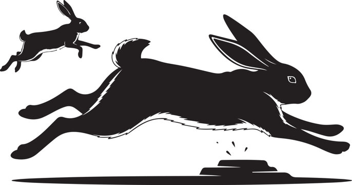 Two Rabbits Jumping Over Hurdle in Black Silhouette Style