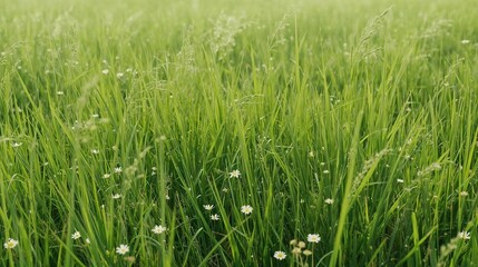 Obraz premium Fresh Green Grass Meadow with Small White Wildflowers – Natural Spring Field Background