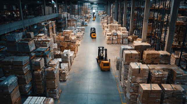 Yellow electric forklifts in a spacious warehouse with stacked pallets and organized metal shelving units