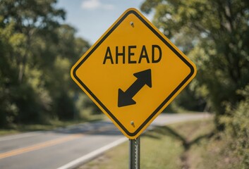 Directional road sign indicating ahead with dual arrows symbolizing navigation choices and forward movement amidst natural landscape emphasizing exploration and decision making