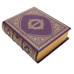 Fototapeta premium Beautiful antique purple leather-bound book with intricate gold embossed patterns and gilt-edged pages, evoking old wisdom, luxury, and classic literature.