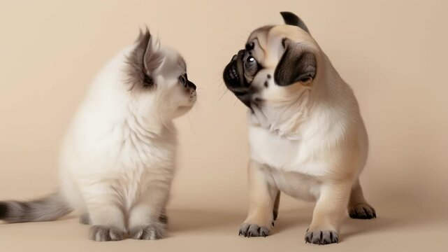 Fluffy white kitten with blue eyes sits upright. Pug puppy has tan fur and black muzzle. They sit side by side on beige background