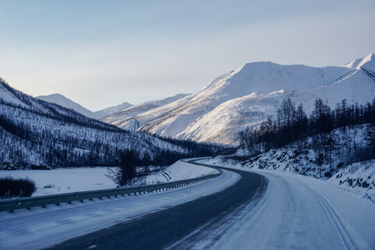 The Kolyma Highway in the mountains in winter