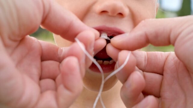 Parent hand tying dental floss on child loose tooth. Adult hands wrap a white thread around a little boy's trembling baby tooth. The stages of child development and adulthood.