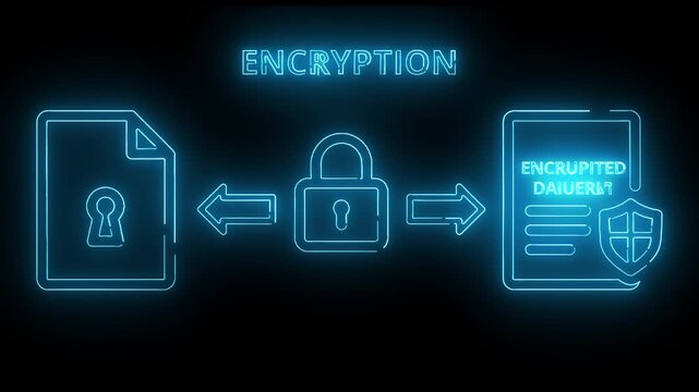 Neon-lit illustration of encryption process with document, lock, and shield icons on black background.