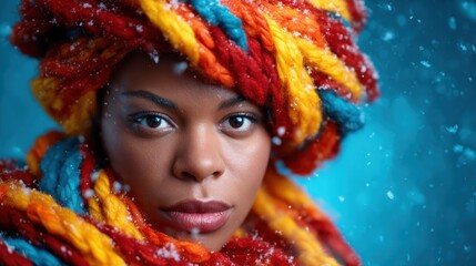 A captivating portrait of a young woman adorned with a vibrant, multi-colored braided headpiece against a snowy backdrop, highlighting artistry and cultural expression.