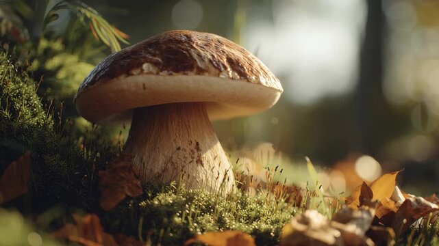 Single brown-capped mushroom grows on mossy ground. Its white stem is firmly rooted. Fallen leaves surround the base