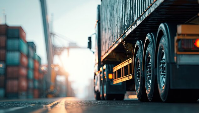 A close-up view of a truck on the road, with shipping containers visible in the distance
