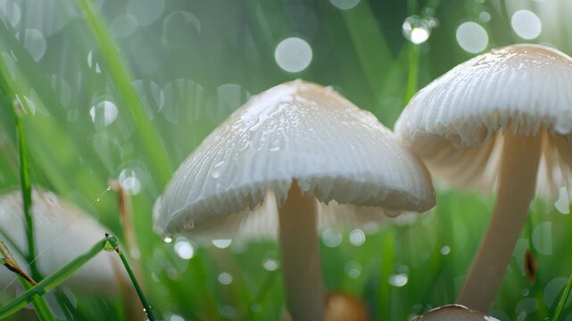 Tiny mushrooms nestle in vibrant green grass. Dewdrops cling to caps and stems. Soft focus background creates dreamy atmosphere