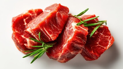 A close-up view of fresh red meat cuts adorned with green rosemary leaves, highlighting the quality of the ingredients for meat lovers and culinary enthusiasts.