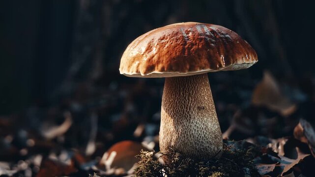 Single brown-capped mushroom grows on forest floor with autumn leaves
