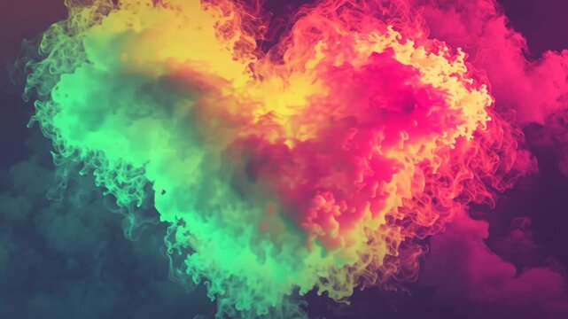 Neon smoke forms a heart shape. Pink, yellow, and green hues blend seamlessly. Dark backdrop highlights the vivid colors