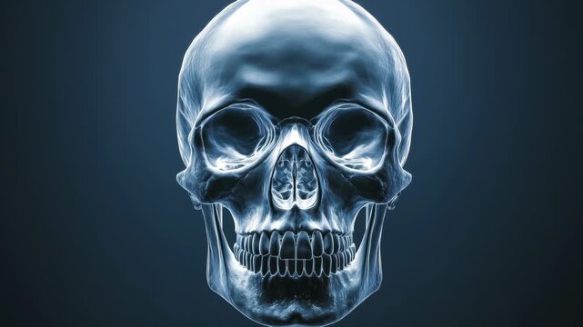 Metallic skull glows with blue light. Close-up view emphasizes bone structure details. Reflective surface shows fine textures clearly