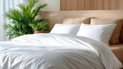 A serene bedroom aesthetic featuring soft bedding, minimalist decor, and vibrant green plants, creating a peaceful retreat that emphasizes relaxation and comfort.