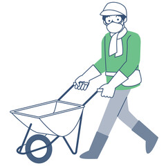 一輪車を押す男性