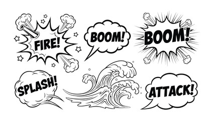 Comic Book Blast: A dynamic collection of vibrant comic book elements, featuring bold sound effects and a striking depiction of a wave. © Jannat