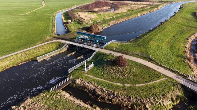 Aerial view of a blue hydraulic weir and sluice gate system controlling water levels in a rural Dutch canal, surrounded by green polder fields and irrigation ditches in the Netherlands.
