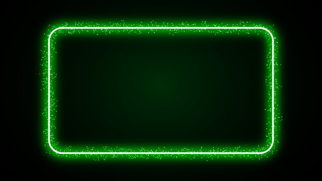 Shiny glittering green neon glowing rectangular border frame with dust particles on dark background. Luminous neon glow light effect border for elegant design and mockups. Vector illustration.
