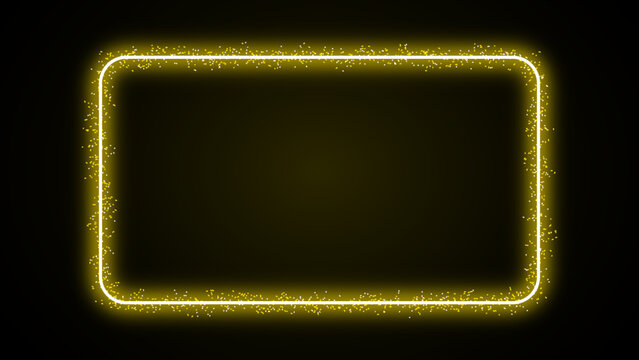 Shiny glittering yellow neon glowing rectangular border frame with dust particles on dark background. Golden luminous neon glow light effect border for elegant design and mockups. Vector illustration.