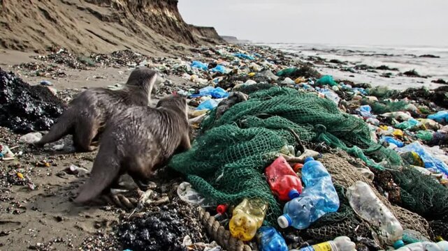 Two sleek otters navigate a desolate, garbage-strewn coastline, a powerful visual representation of environmental devastation. The sandy beach is overwhelmed by an extensive collection of colorful pla