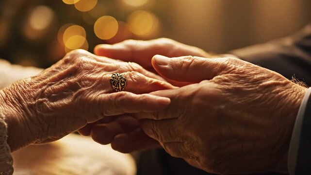 Close-up of an elderly couple's hands gently clasped together, showing love and enduring commitment in a warm, cozy setting.