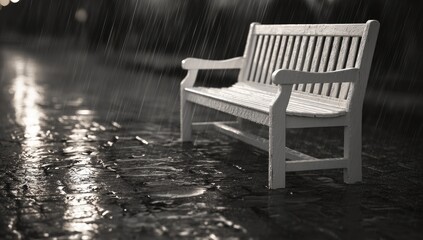 Fototapeta premium Black and white image of a wooden bench on a brick path during a rainy evening