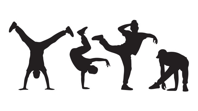 Breakdancer Silhouettes Performing Various Moves Isolated on White Background