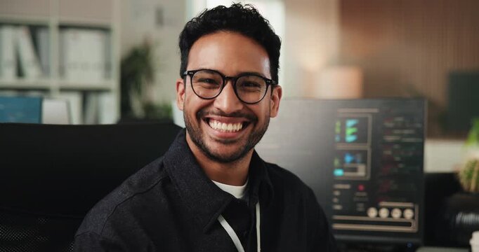 Happy, glasses and face of businessman in office with confidence for coding career. Laugh, opportunity and portrait of male web developer with pride for programming job development at agency.