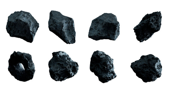 Set of asteroid isolated on transparent background. Cut out Meteorite 3D rendering