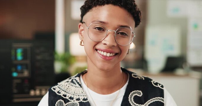 Smile, professional and face of businesswoman in office with confidence for coding career. Happy, opportunity and portrait of female web developer with pride for programming job development at agency