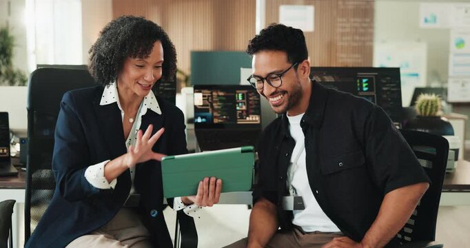 Happy, business people or high five with tablet for cybersecurity, programming or app success. Man, woman or coding with technology or smile for software development or winning together in workplace