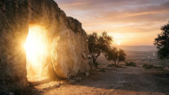 Empty tomb of Jesus with glowing light during sunrise, symbolizing the resurrection. Easter or religious concept for spiritual reflection