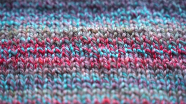 Close-up Texture of Handmade Knitted Clothing with Colorful Yarn Patterns
